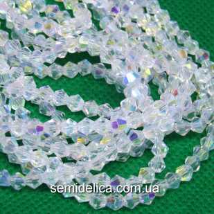 Бусины хрустальные 4мм Биконус, прозрачный с  радужным бочком