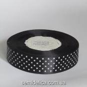 Лента атласная 2,5 см, черный в белый горошек