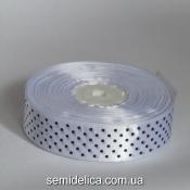 Лента атласная 2,5 см, белый в черный горошек
