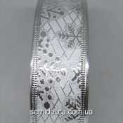 Лента с проволочным краем 3,8 см Снежинка, белый с серебром