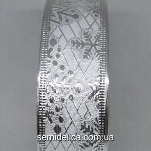 Лента с проволочным краем 3,8 см Снежинка, белый с серебром