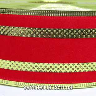 Лента бархатная 5 см, с проволочным краем, красный с золотыми полосками