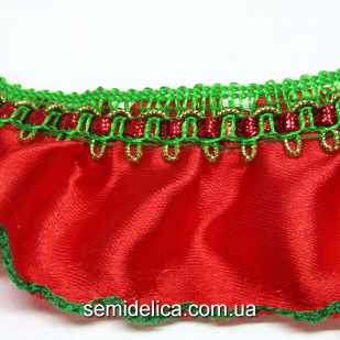 Лента Рюша 4,5 см, атласная красная с зеленым