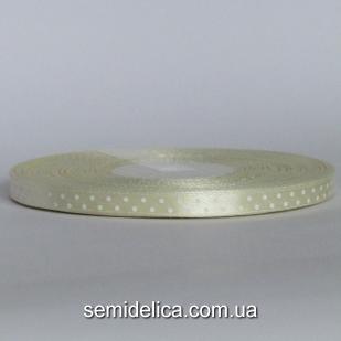 Лента атласная 0,6 см, молочный в белый горошек