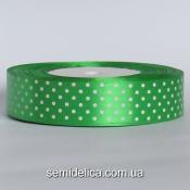Лента атласная 2,5 см, зеленый в белый горошек