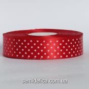 Лента атласная 2,5 см, красный в белый горошек