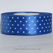 Лента атласная 4,0 см, синий в белый горошек