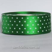 Лента атласная 4,0 см, зеленый в белый горошек