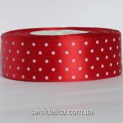 Лента атласная 4,0 см, красный в белый горошек