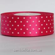 Лента атласная 4,0 см, малиновый в белый горошек