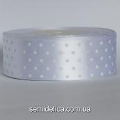 Лента атласная 4,0 см, белый в белый горошек