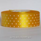 Лента атласная 4,0 см, желтый в белый горошек