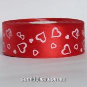 Лента атласная 4,0 см, сердце, красный