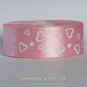 Лента атласная 4,0 см, сердце, розовый