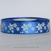 Лента атласная 2,5 см, синий в белый цветочек