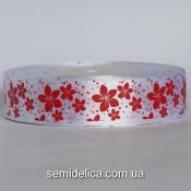 Лента атласная 2,5 см, белый в красный цветочек