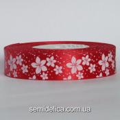 Лента атласная 2,5 см, красный в белый цветочек