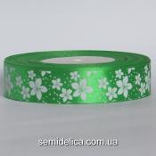 Лента атласная 2,5 см, зеленый в белый цветочек