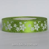 Лента атласная 2,5 см, оливковый в белый цветочек