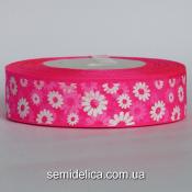 Лента органза 2,5 см, розовый яркий в белый цветочек