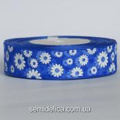 Лента органза 2,5 см, синий в белый цветочек
