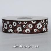 Лента органза 2,5 см, коричневый в белый цветочек