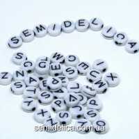 Бусины Алфавит 7х3мм, плоские белые с буквами 