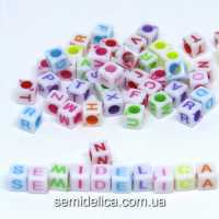 Бусины Алфавит 6х6мм, белый куб с буквами микс