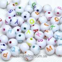 Бусины Алфавит 8 мм Круглые, белый с буквами микс