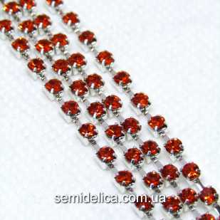 Стразовая цепь SS8 2.5мм, серебро с красно-оранжевым камнем
